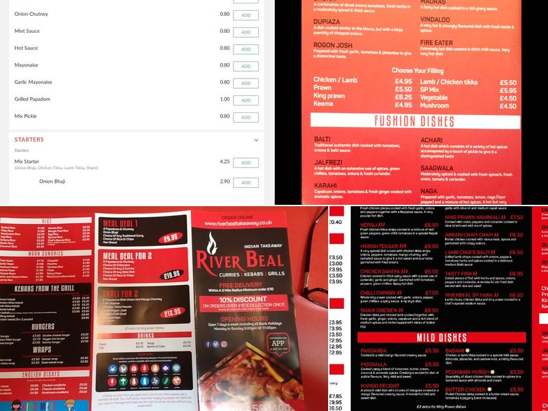 River Beal Indian Takeaway Menu