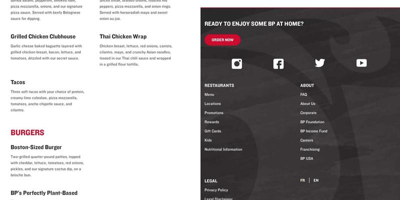 Boston Pizza Menu