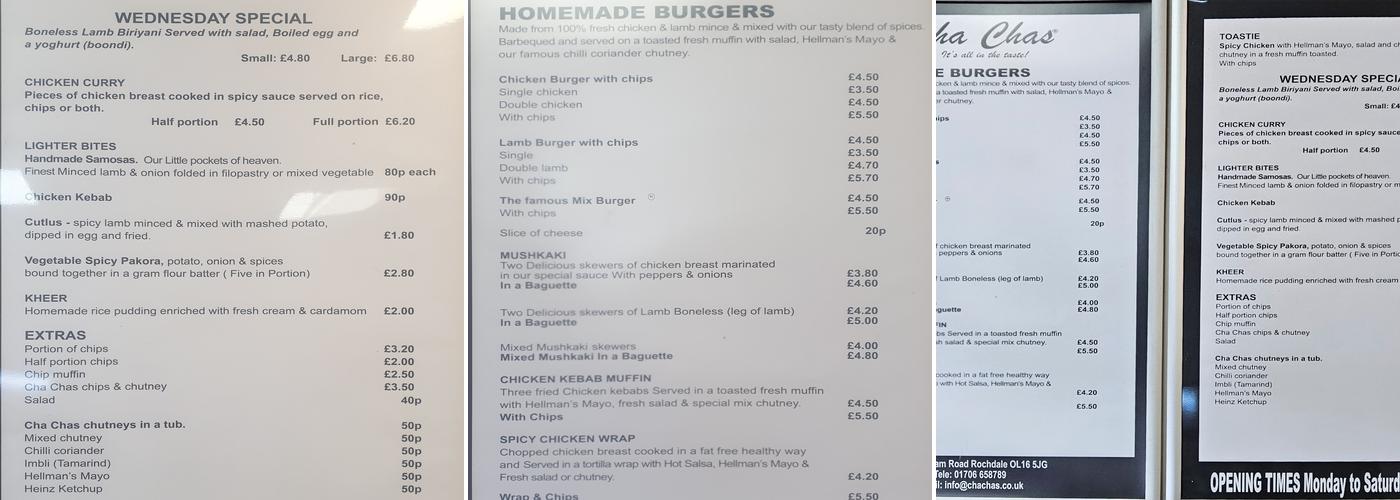 Cha Chas Rochdale Menu