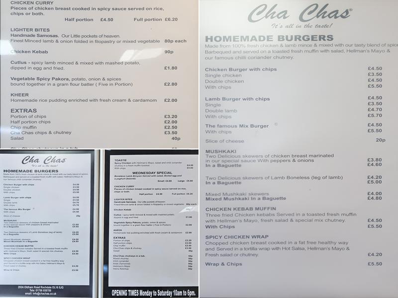Cha Chas Rochdale Menu