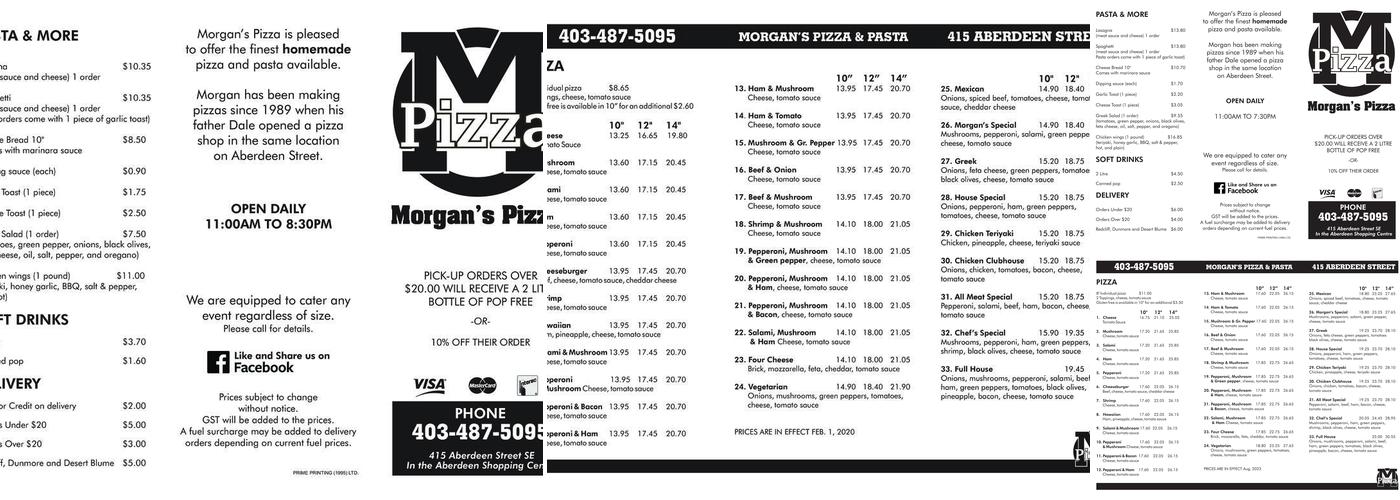 Morgan's Pizza Menu