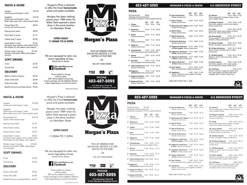 Morgan's Pizza Menu
