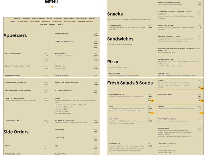 Bozzini's Restaurant Chilliwack Menu