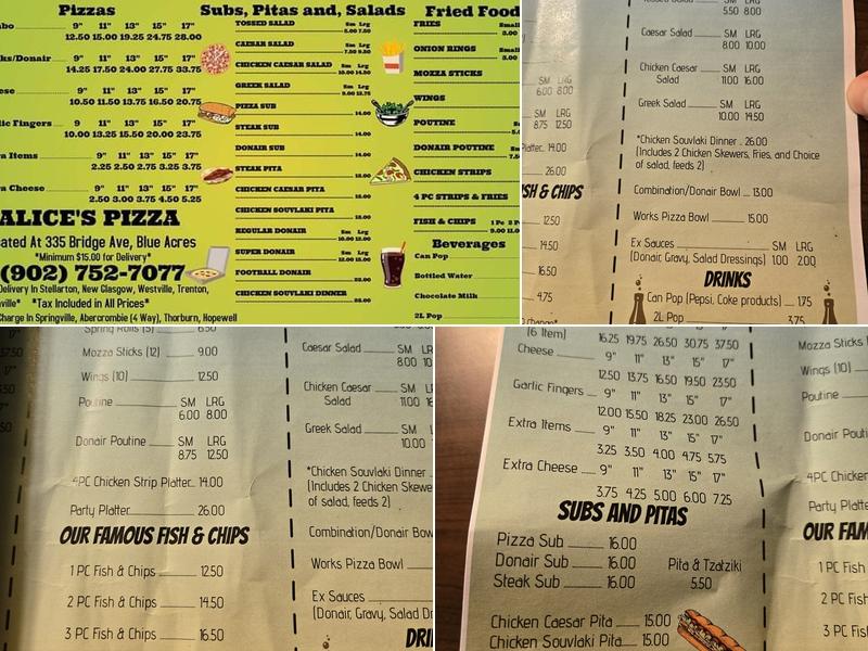Alice's Pizza Menu
