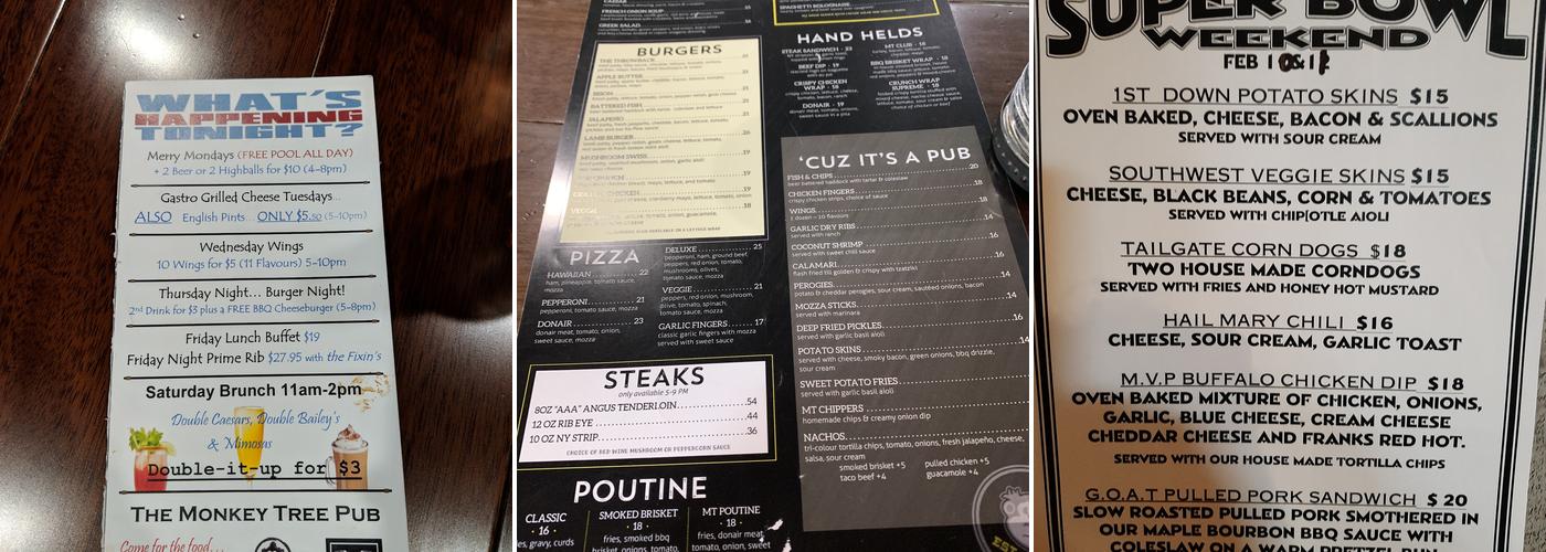 The Monkey Tree Pub Menu