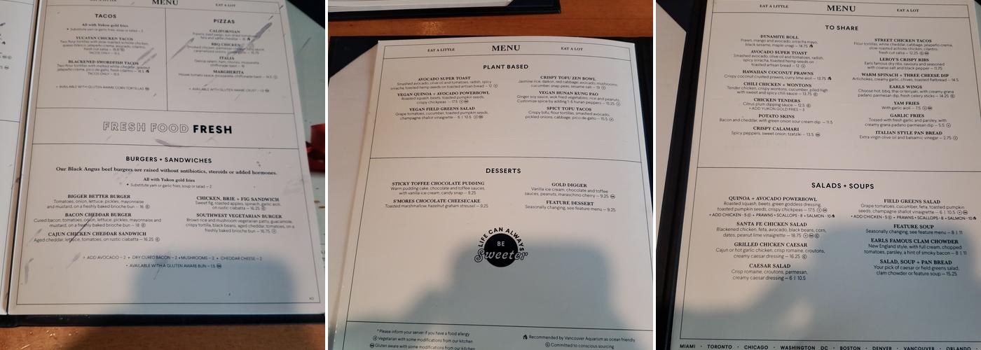 Earls Kitchen + Bar Menu