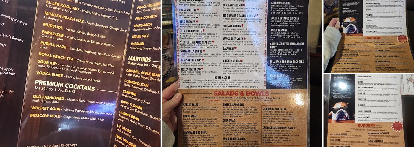 Character's Pub & Grill Menu
