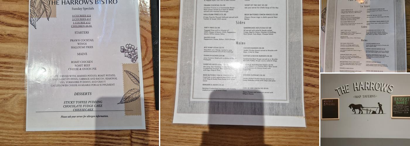 Harrows pub Rochdale Menu