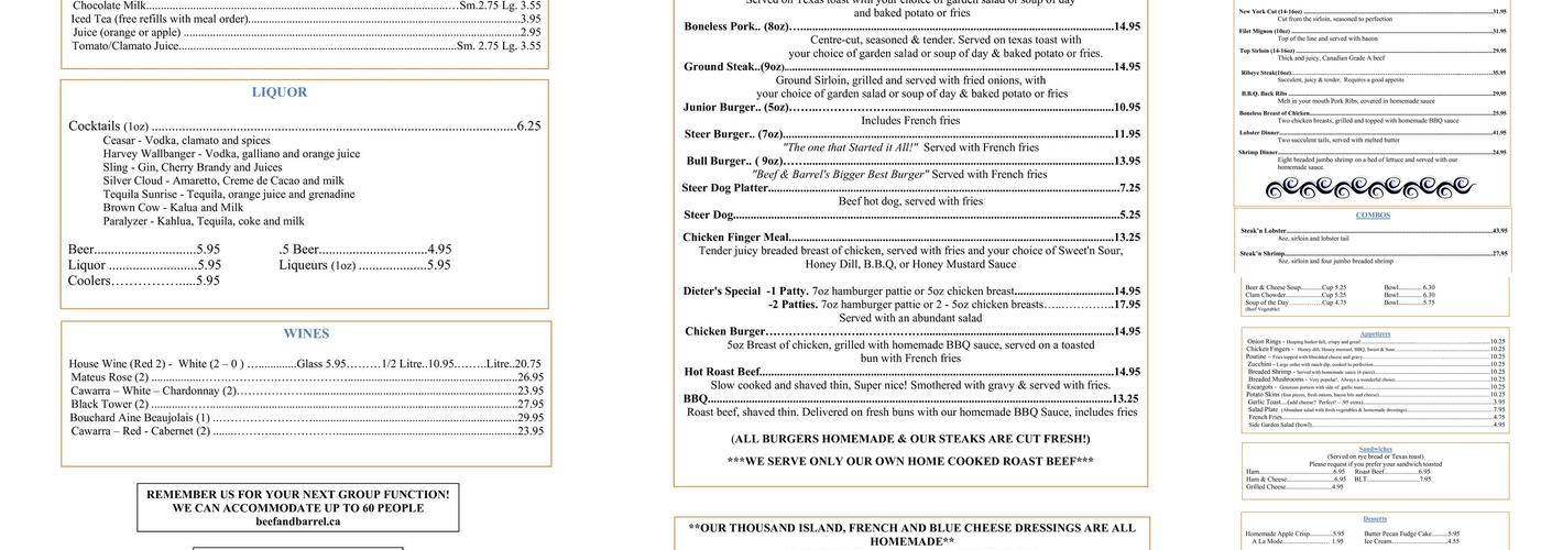 Beef & Barrel Restaurant Menu