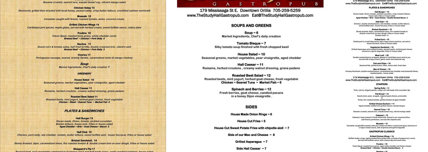 The Study Hall Pub Menu