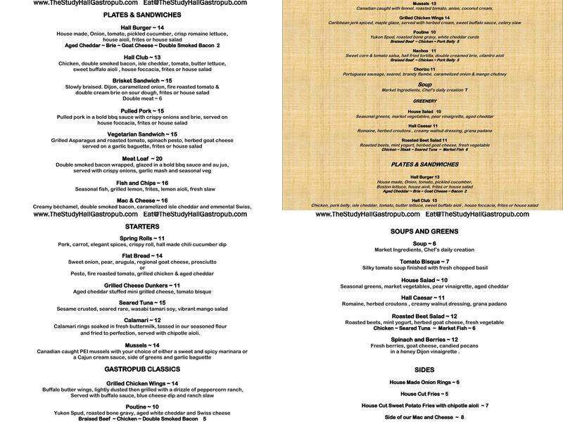 The Study Hall Pub Menu