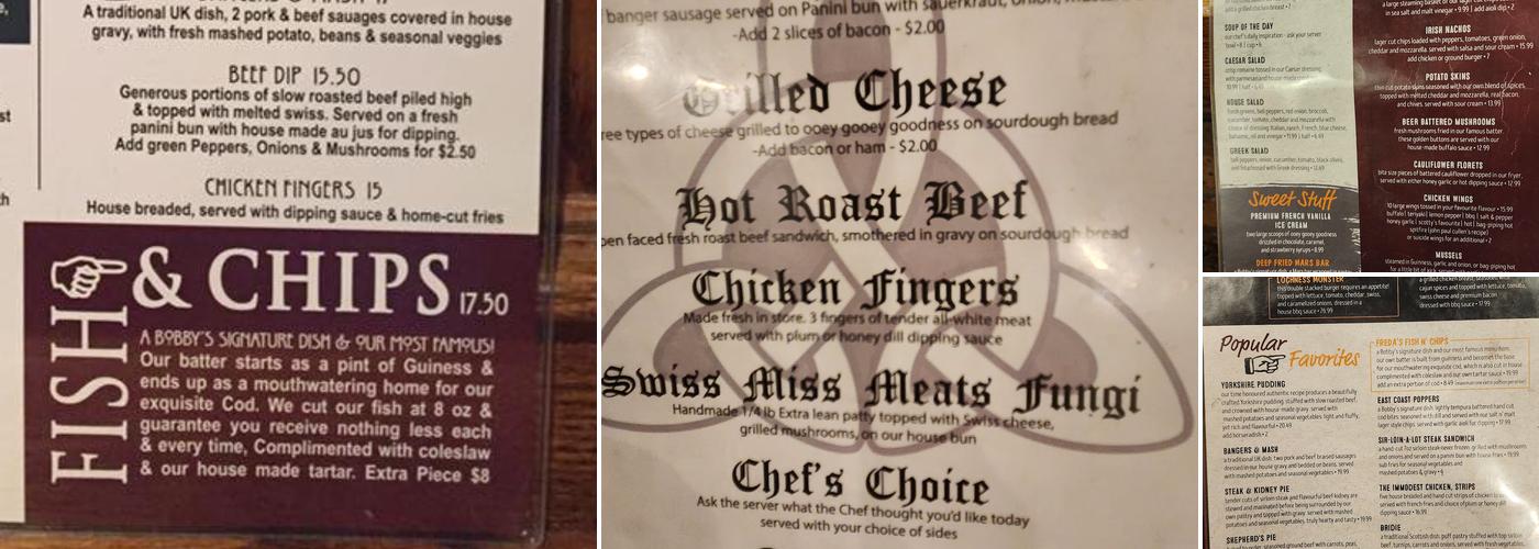 Bobby's Place Menu