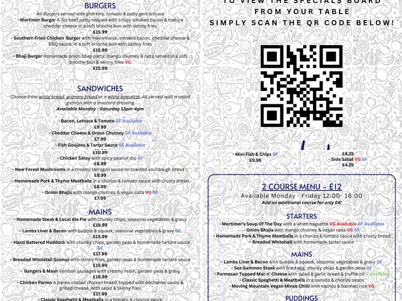 The Mortimer Arms Menu