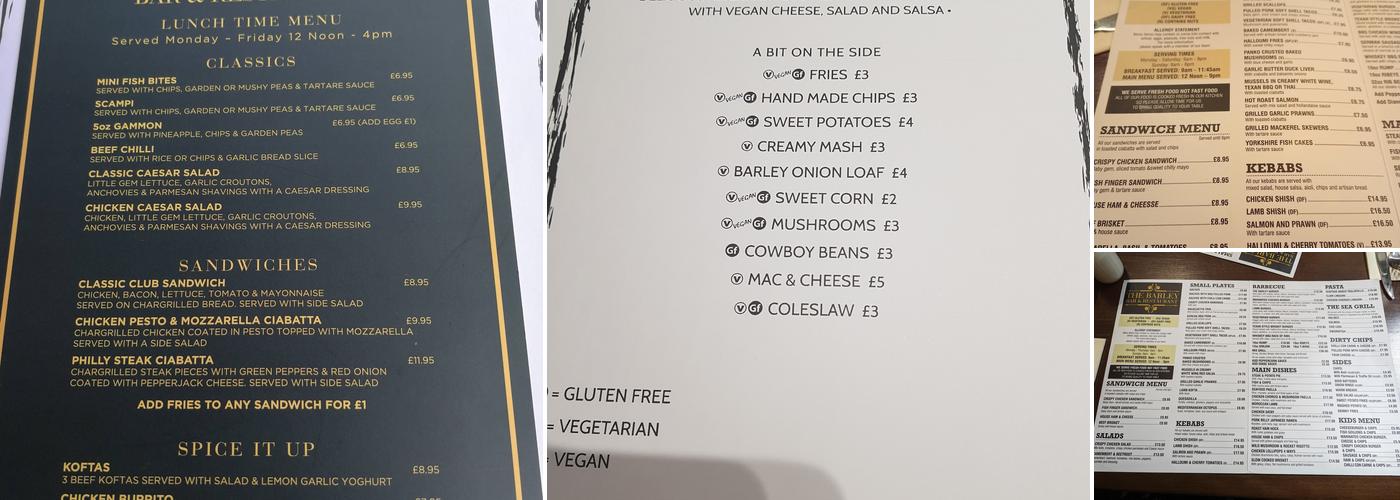 The Barley - Bar & Restaurant Menu