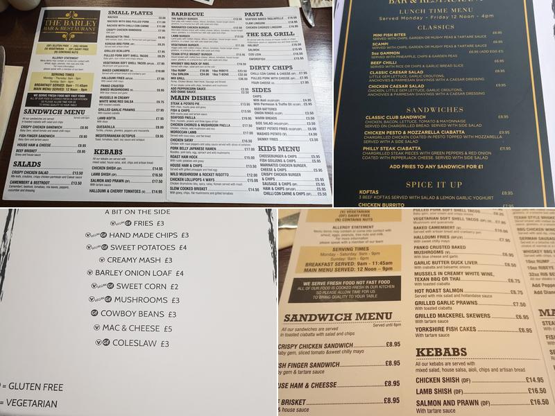 The Barley - Bar & Restaurant Menu