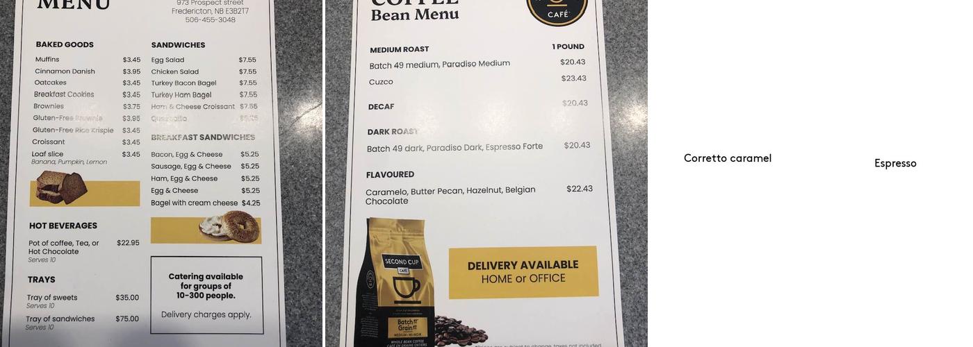 Second Cup Café Menu