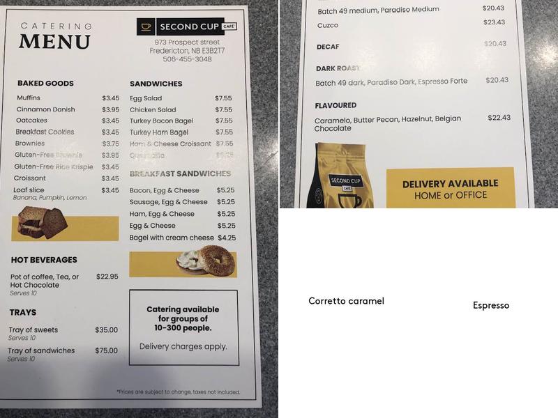 Second Cup Café Menu