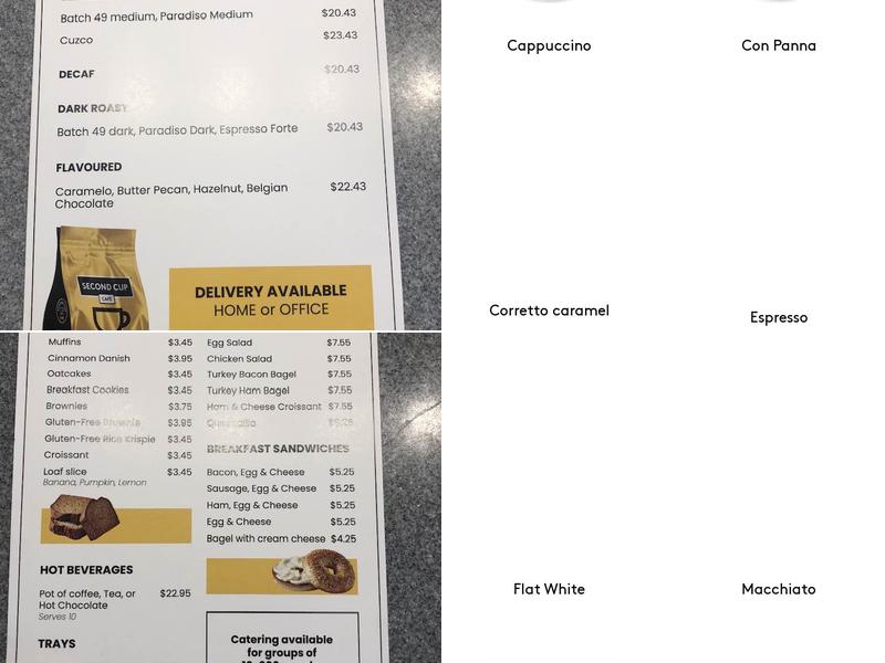 Second Cup Café Menu
