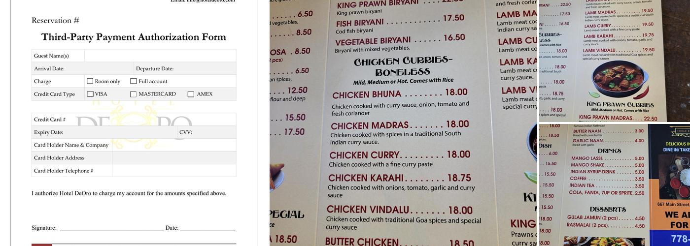Hotel DeOro Menu