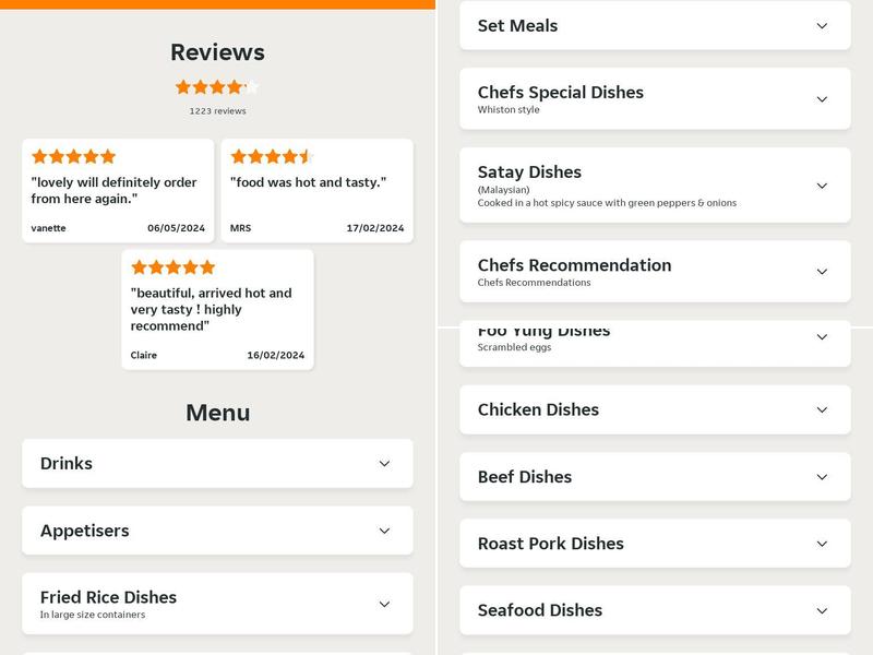 Whiston Chinese Menu