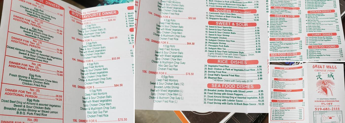 Great Wall Chinese Food Menu