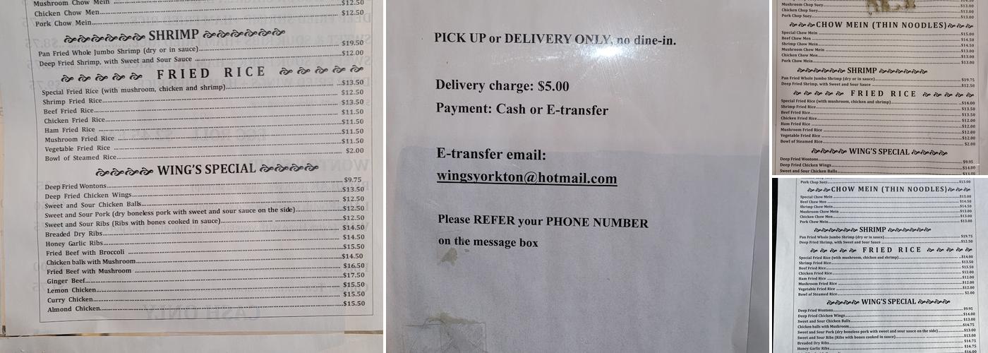 Wing's Restaurant Menu