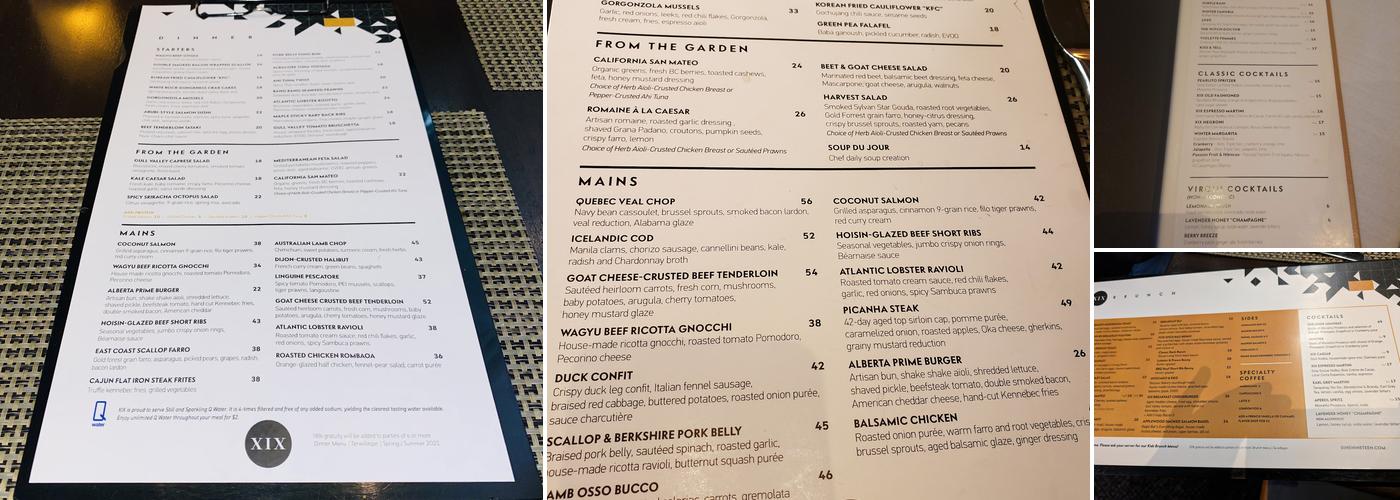XIX Nineteen Menu