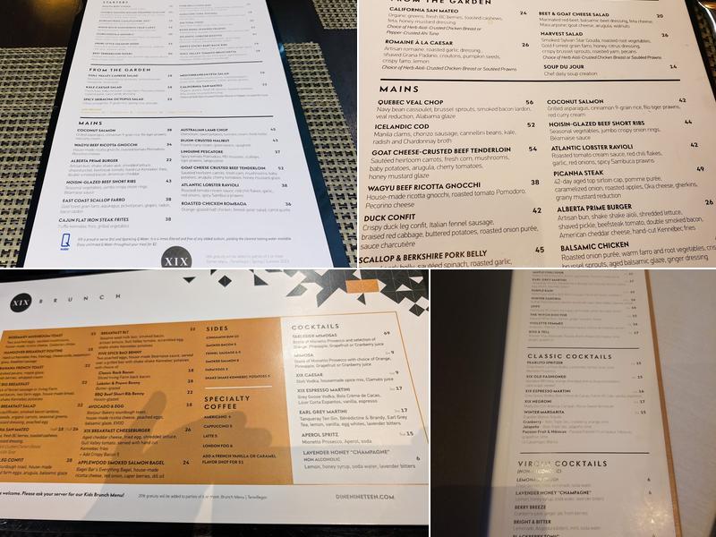 XIX Nineteen Menu