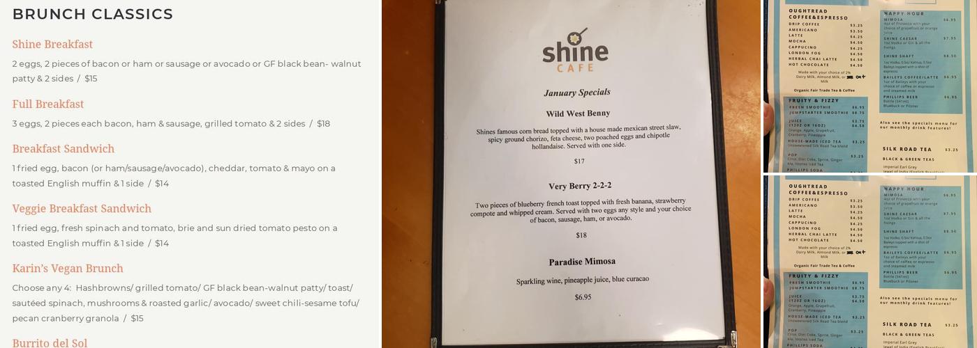Shine Cafe Menu