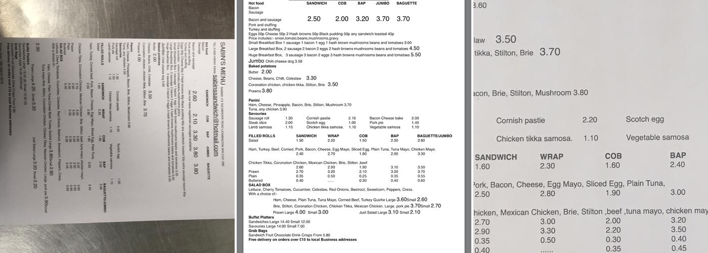 Sabins Menu