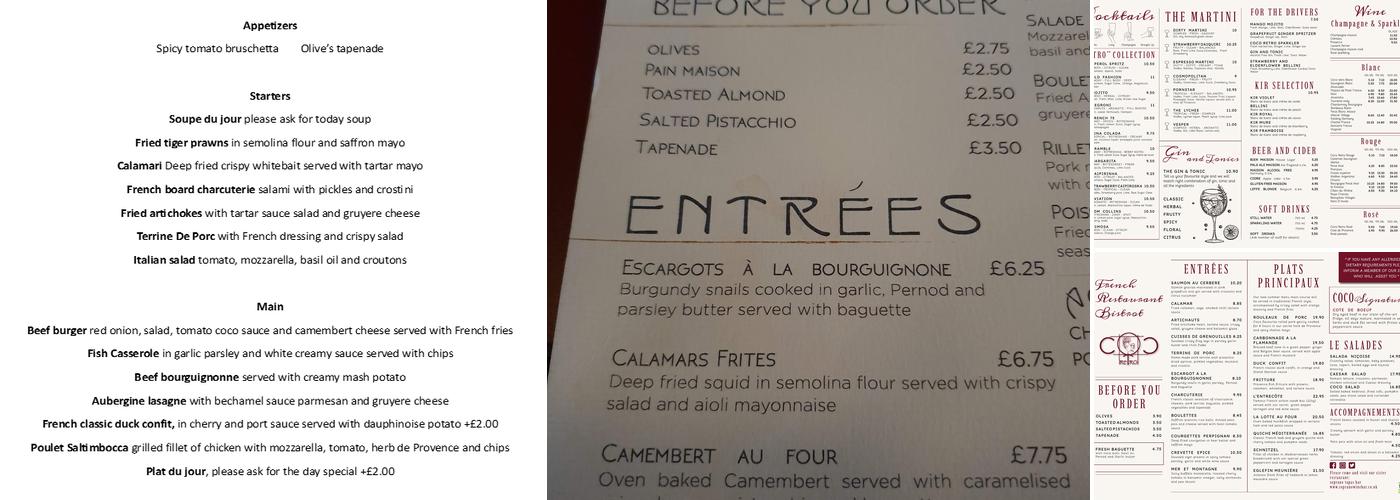 Coco Retro Restaurant Bistro Menu