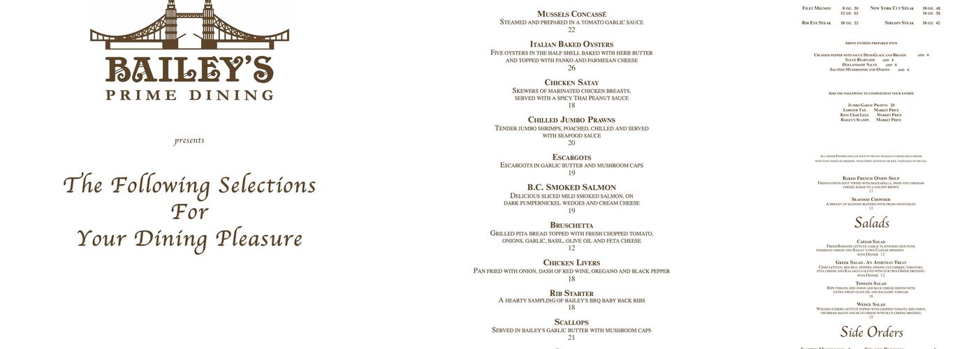 Bailey's Restaurant Menu