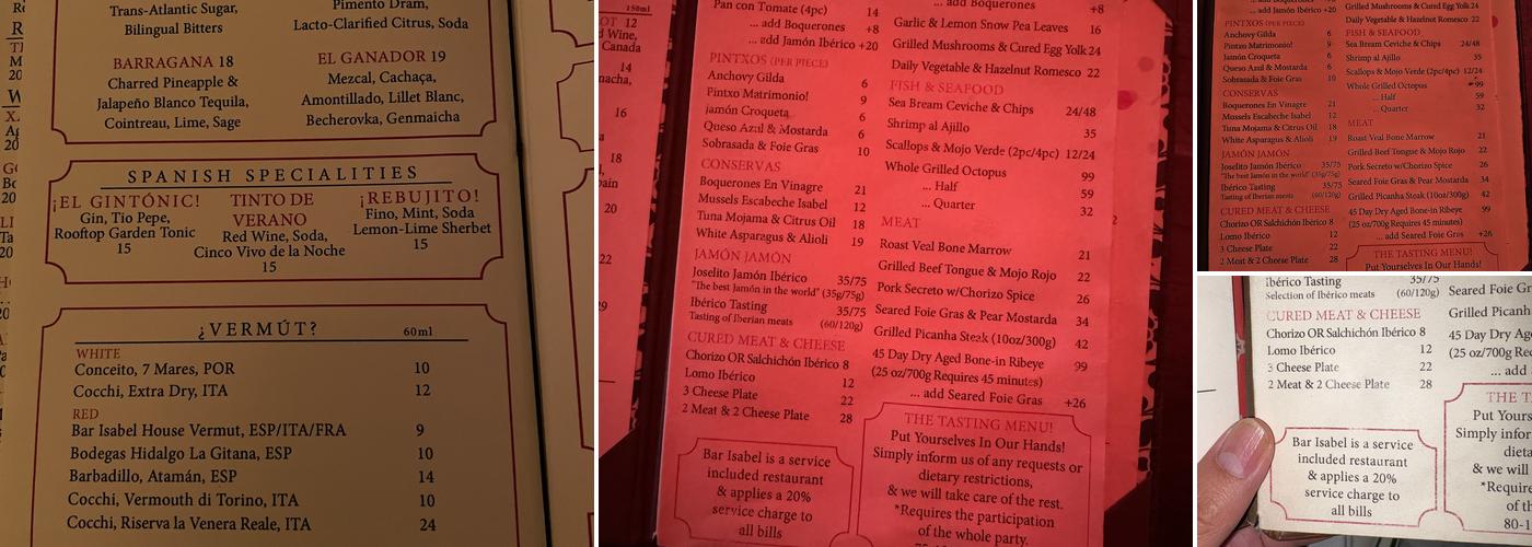 Bar Isabel Menu