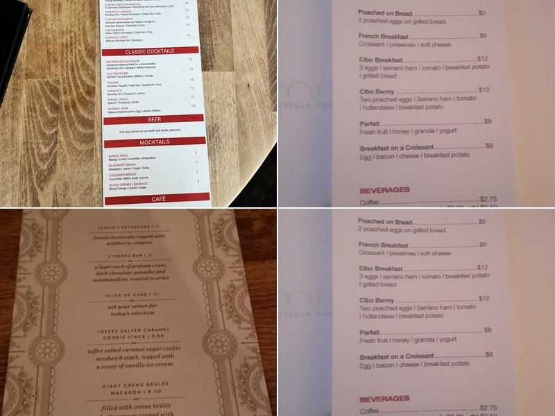 Cibo Waterfront Cafe Menu