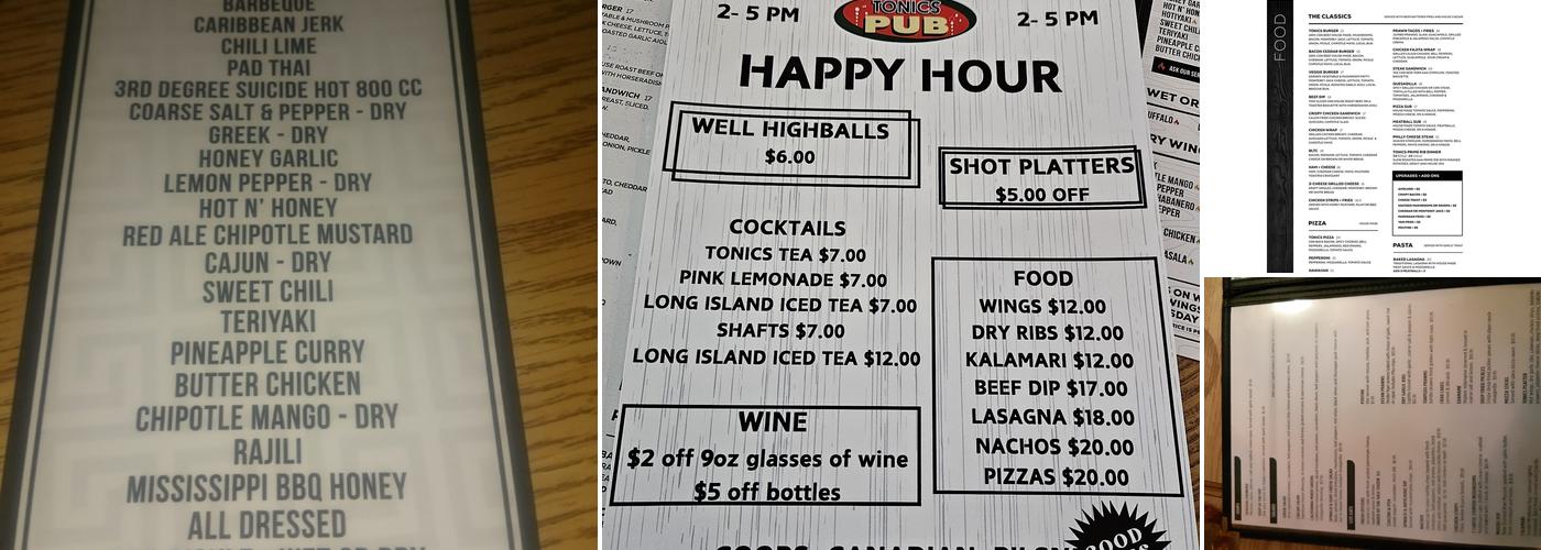 Tonics Pub & Grill Menu