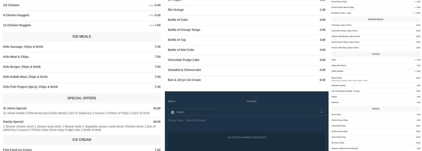 St Johns Kebab & Pizza Menu