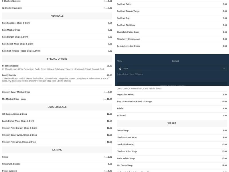 St Johns Kebab & Pizza Menu