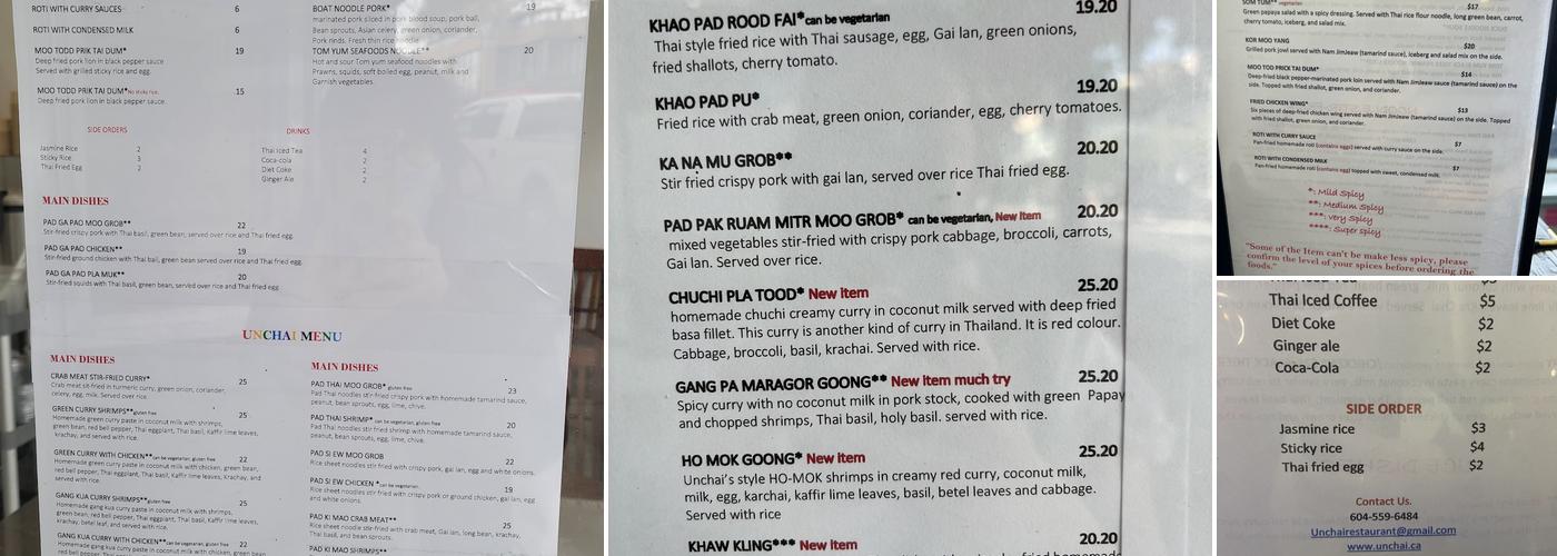 Unchai Restaurant Menu