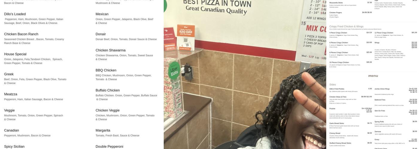 Dillo's Pizza Menu