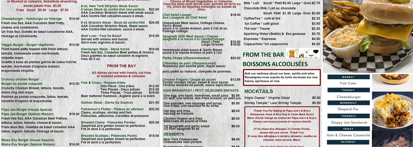 Papa Joe and Evy's Menu