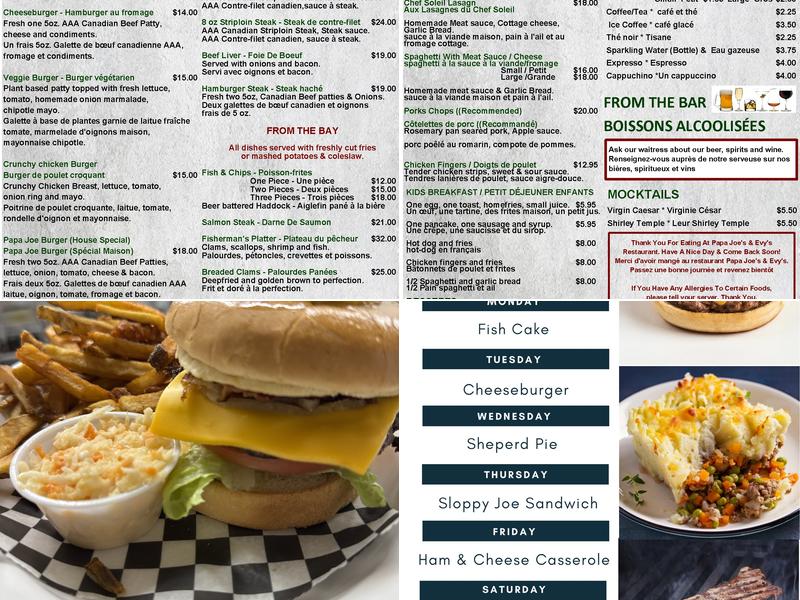 Papa Joe and Evy's Menu