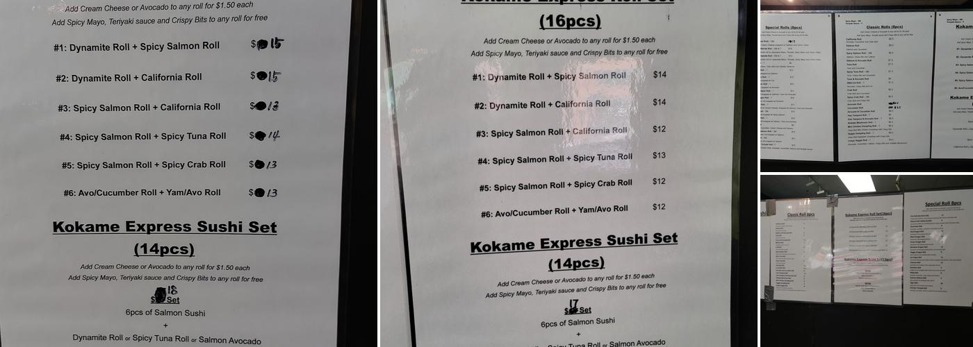 Kokame Express Menu