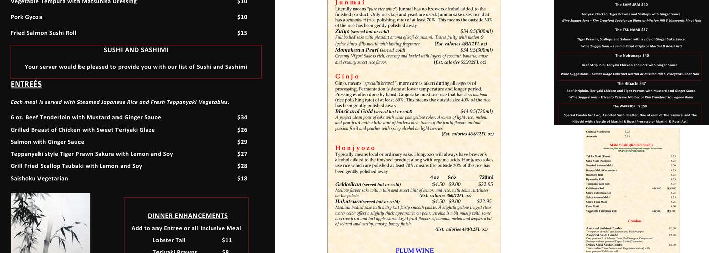 The Samurai Japanese Restaurant Menu