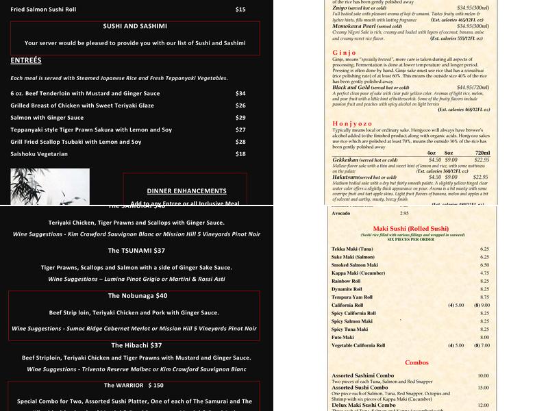 The Samurai Japanese Restaurant Menu