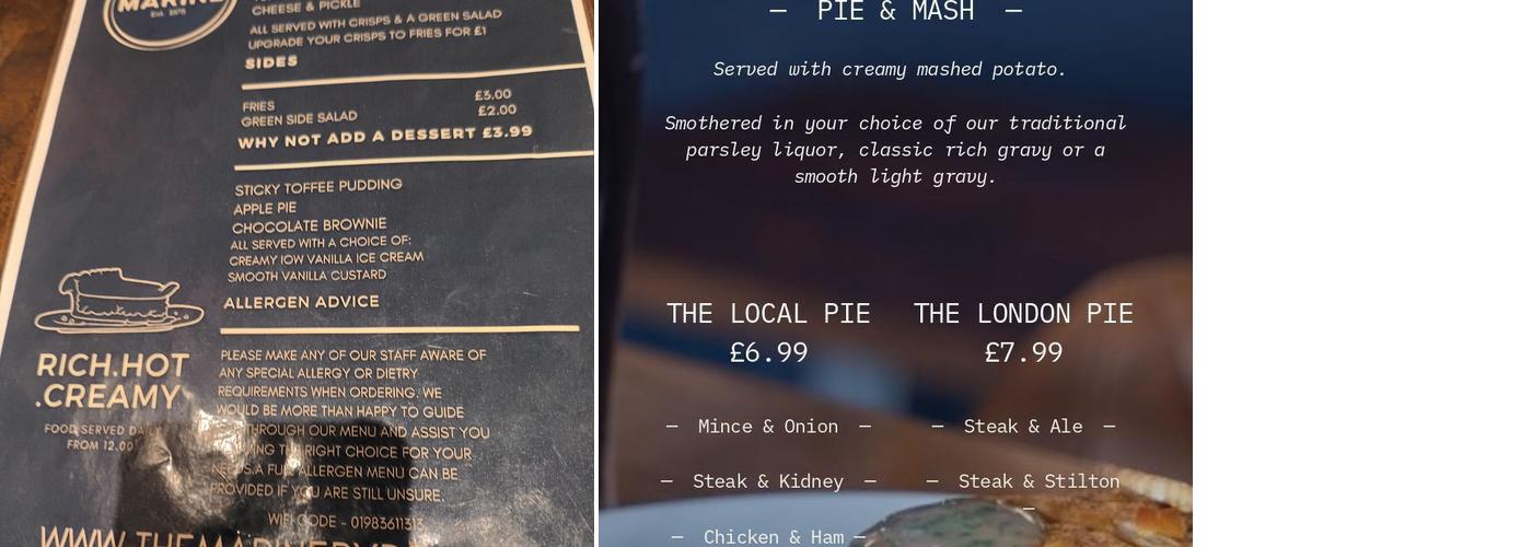 The Marine, Ryde Menu