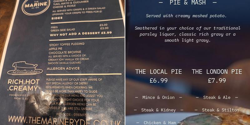 The Marine, Ryde Menu