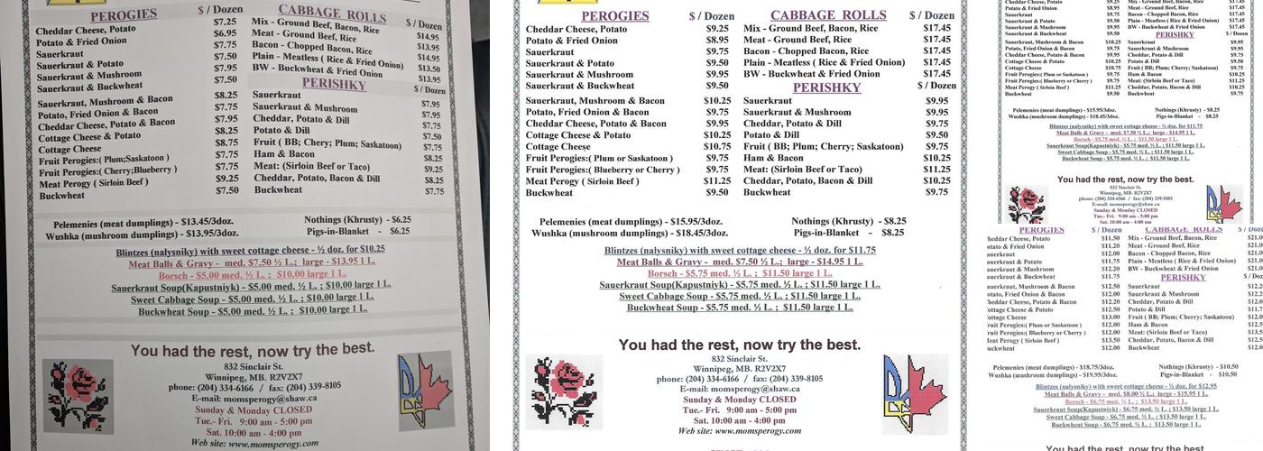 Mom's Perogy Factory Menu