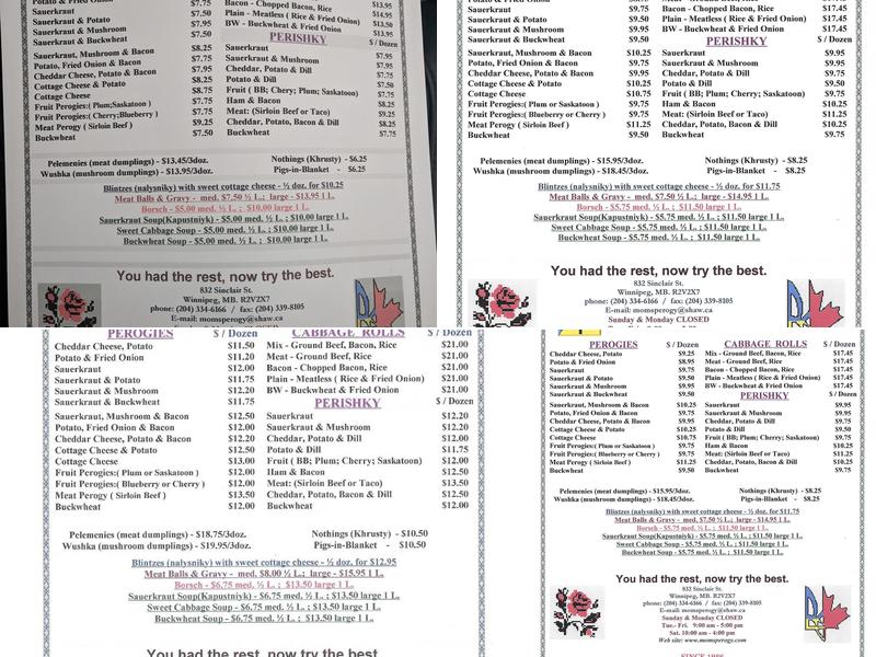 Mom's Perogy Factory Menu