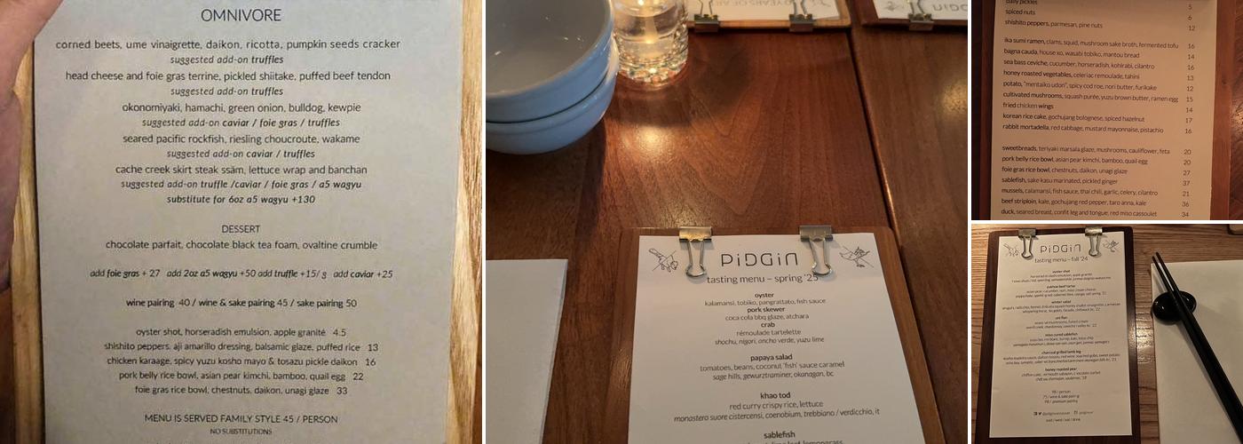Pidgin Restaurant Menu