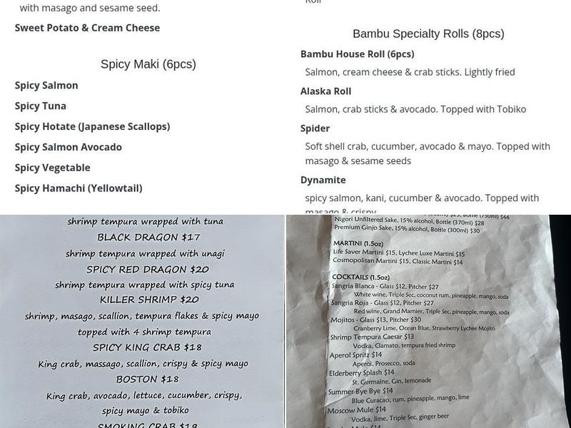 Bambu Restaurant Menu